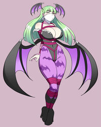 arms_behind_back bondage bound clothing crotch_rope darkstalkers femsub gag gagged green_hair high_heels jam-orbital large_breasts morrigan_aensland over_the_mouth_gag rope rope_bondage