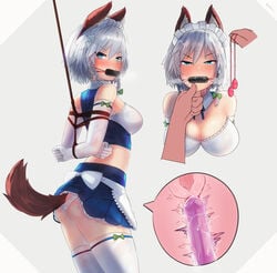 angry animal_ears animal_tail arms_behind_back bit_gag bondage bound dildo egg_vibrator ehrrr gag gagged inu_sakuya midriff panties sakuya_izayoi touhou vibrator