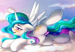 2018 alicorn blush chaosangeldesu clitoris cloud cutie_mark equine feathered_wings feathers female feral friendship_is_magic hair hi_res horn legs_up looking_at_viewer mammal multicolored_hair my_little_pony on_cloud open_mouth open_smile outside penetration princess_celestia_(mlp) purple_eyes pussy pussy_juice sex_toy smile solo spread_legs spreading vaginal_penetration vaginal_penetration wings