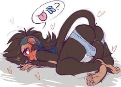 <3_eyes 1boy ambiguous_gender anthro ass black_fur black_hair blush bulge clothing cuntboy dango_(mitarashi) ear_piercing emoji femboy fur hair heart intersex looking_back lying mammal mitarashi monkey piercing pink_eyes primate seductive shirt simple_background solo speech_bubble teasing