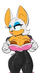 1girls anthro big_ears bodysuit breasts clothed exposed_breasts eyelashes female female_only flashing furry gloves green_eyes half-closed_eyes lipstick looking_away nipples pink_lipstick rouge_the_bat slypon solo sonic_(series) text watermark white_background wide_hips