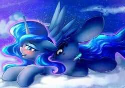 2018 alicorn chaosangeldesu cloud cutie_mark equine feathered_wings feathers female feral friendship_is_magic hair hi_res horn looking_at_viewer mammal my_little_pony on_cloud open_mouth outside penetration princess_luna_(mlp) pussy sex_toy solo wings