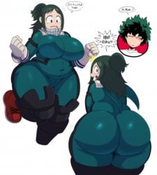 1boy 1boy1girl 1girls absurdres ass bbw belly blush bodysuit breasts busty chubby curvy embarrassed english english_text erect_nipples fat female gloves green_eyes green_hair hero_outfit_(mha) highres huge_ass huge_breasts impossible_bodysuit impossible_clothes inko_midoriya izuku_midoriya izuku_midoriya_(cosplay) jumpsuit long_hair looking_back male mature_female milf mother multiple_views my_hero_academia nipple_bulge nipples plump shocked_eyes simple_background skin_tight sssonic2 surprised text text_focus thick_thighs tied_hair venus_body voluptuous white_background wide_hips