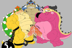 3_toes animal_genitalia anthro arms_bound belly big_belly blue_scales blush bowser bracelet chains cloaca closed_eyes crossed_arms cum dark_bowser erection frottage grey_background group group_sex hair horn japanese_text jewelry koopa legs_bound male male_only mammal mario_(series) mario_and_luigi_(series) midbus muscular muscular_male nintendo nude penis pink_nose pink_penis pink_skin porcine precum red_eyes red_hair sakha scales scalie sex shell simple_background smile spikes standing sweat text threesome toes tusks video_games weights yaoi yellow_scales