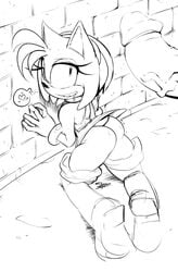 alley alleyway amy_rose anthro ass before_sex boots clothing dress drool female from_behind furry greyscale looking_back outdoors penis sega slypon sonic_(series) upskirt