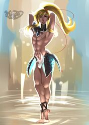 1boy abs ambush_(trap) androgynous arms_behind_back barefoot blonde_hair blue_eyes breath_of_the_wild bulge crossdressing dancing femboy girly kim-sukley link long_hair looking_at_viewer male_focus male_only muscles muscular muscular_trap navel nipples pointy_ears ponytail the_legend_of_zelda toned trap