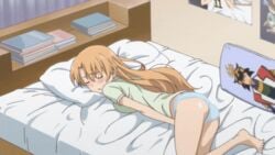 animated ass barefoot bed blonde_hair blush closed_eyes clothing dakimakura feet female fingering fingering_self kiryuu_yuuzuki kissxsis long_hair masturbation naoe_kanetsugu open_mouth panties pillow screencap solo teacher toes underwear