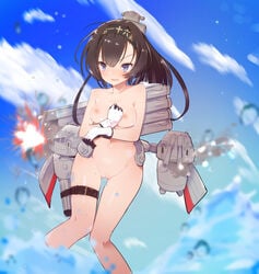 akizuki_(kantai_collection) black_hair blue_eyes blush breasts caburi censored chou-10cm-hou-chan collarbone female garters gloves gluteal_fold hachimaki hair_ornament hairband headband heart heart_censor human humanized kantai_collection mismatched_legwear navel nude open_mouth pussy short_hair solo tears v-shaped_eyebrows weapon