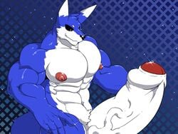 anthro canine croiyan erection humanoid_penis hyper hyper_penis male male_only mammal muscular muscular_male nude pecs penis smile solo standing uncut vein