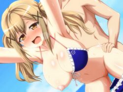 1boy 1girls ass_grab bang_dream! beach big_breasts blush breasts drooling female ichigaya_arisa kadokura_umekichi navel nipples nude open_mouth partially_clothed pussy_juice sex sweat swimsuit