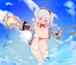 blue_eyes blue_sky blush breasts caburi caburi_aki cloud cloudy_sky embarrassed eyebrows_visible_through_hair female female gloves gluteal_fold kantai_collection kashima_(kantai_collection) machinery navel nipples open_mouth outdoors pussy silver_hair sky solo twintails water weapon white_gloves