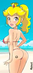 1girls 1up artist_name ass ass_tattoo back_view beach big_ass bikini blonde_hair blue_eyes blush breasts clothed clouds cowboy_shot crown earrings eyelashes female female_only human large_breasts lipstick looking_back mario_(series) meegol nintendo outdoors parted_lips perky_breasts pink_lipstick ponytail princess_peach seaside sideboob signature skimpy smile solo standing tattoo thong