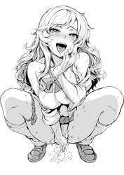 angelo_(gomahangetsu) breasts female gyaru highres idolmaster idolmaster_cinderella_girls idolmaster_cinderella_girls_starlight_stage kneehighs kogal large_breasts loafers long_hair loose_socks masturbation monochrome ootsuki_yui open_mouth panties panties_around_leg school_uniform socks squatting underwear wavy_hair white_socks whooosaku