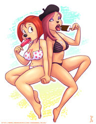 an_extremely_goofy_movie anthro barefoot beret beret_girl bikini black_bikini black_nose breasts canine cleavage clothed debbie_dune disney duo eye_contact feet female female_only food full_body furry goof_troop hat holding_hands joe_randel large_breasts lipstick long_hair looking_at_another mammal medium_breasts multiple_girls navel orange_hair pink_hair pink_lipstick polka_dot_bikini popsicle red_lipstick short_hair signature sitting soles striped_bikini suggestive toes