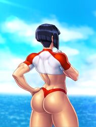 1girls ass back_view bangs beach big_ass bikini_bottom black_hair blue_hair bubble_ass bubble_butt capcom clothed clothed_female clothes clothing clouds cowboy_shot crop_top dark_blue_hair dark_hair dat_ass dimples_of_venus drink drinking female female_only hand_on_hip human jiggeh looking_away muscles muscular_female outdoors red_bikini revealing_clothes seaside solo street_fighter street_fighter_v thong toned water yamato_nadeshiko yamato_nadeshiko_(street_fighter)