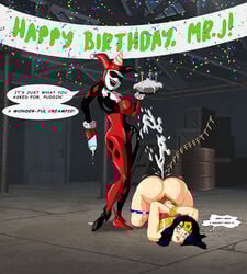 ass ass_up banner batman:_the_animated_series batman_(series) big_ass birthday bondage confetti cum_in_pussy dc dc_comics dcau degradation embarrassed enema fart fear female hands_behind_back harley_quinn harley_quinn_(classic) humiliation laughing panties_down pussy scared surprise tears warehouse whipped_cream wonder_woman wonder_woman_(series)