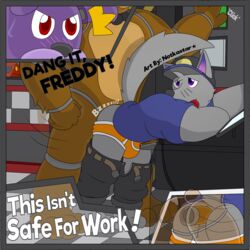 2018 2boys anal anal_sex animatronic anthro bonnie_(fnaf) briefs bulge canine clothed clothing english_text five_nights_at_freddy's foxy_(fnaf) freddy_(fnaf) gay group lagomorph machine male male_only mammal muscular muscular_male night_guard_(fnaf) notkastar orange_underwear pants_down partially_clothed penetration rabbit robot sex sex_toy signature solo_focus text underwear underwear_down underwear_sex vibrator video_games wolf yaoi zatch_(character)