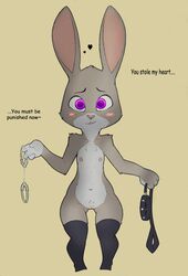 2018 4_fingers anthro blush breasts buckteeth choker collar digital_media_(artwork) disney domination dominatrix female femdom flat_chest flat_chested fur grey_fur handcuffs heart hi_res judy_hopps lagomorph leash legwear looking_at_viewer mammal monochrome mostly_nude nipples pawtsun pink_nipples pink_nose pubes purple_eyes pussy rabbit shackles smile solo solo_female standing stockings teeth thigh_gap thigh_highs ultamalokshar zootopia