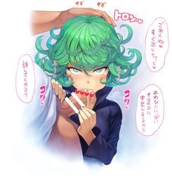 1boy black_dress breasts censored cum cum_in_mouth cum_inside curly_hair curvy dress fellatio female grabbing green_hair licking looking_at_viewer mogudan one-punch_man oral penis short_hair simple_background straight sweat tatsumaki translation_request trembling underwear