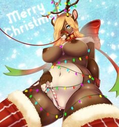 anthro antlers areola blep blonde_hair blue_eyes bondage breasts candy candy_cane cervine christmas christmas_lights clothing collar female femsub food hair hi_res holidays horn leash legwear low-angle_view mammal missaka mostly_nude naked_stockings navel nipples nude pussy reindeer solo stockings thighhighs tongue tongue_out