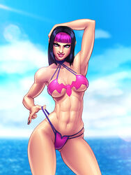 1girls abs alternate_hairstyle arm_behind_head armpits bangs beach bikini bikini_pull black_hair black_nails breasts capcom clothed clothed_female clothes clothing clouds collarbone colored_nails dark_blue_hair dark_hair eyeliner facing_viewer female female_only front_view fully_clothed human jiggeh juri_han large_breasts lipstick long_hair looking_at_viewer makeup muscles muscular_female nail_polish navel outdoors painted_nails pink_bikini pink_eyes pink_hair pink_lips pink_lipstick posing purple_eyes purple_hair revealing_clothes seaside skimpy smile solo street_fighter street_fighter_v swimsuit thong thong_bikini two_tone_hair underboob water