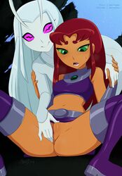 2018 2girls alien alien_girl armband armlet artist_name artist_signature ass bare_arms bare_hips bare_shoulders belly beltskirt blush boots bottomless breasts cironielian_chrysalis_eater clitoris clothed_female clothes clothing colored_skin curvaceous curves dated dc dc_comics dcau eyebrows female female_only fingering footwear functionally_nude gauntlets green_eyes green_sclera hands high_resolution hips humanoid interspecies jewelry knee_boots kneehighs koriand'r legs legwear long_hair masturbation merunyaa midriff miniskirt multiple_girls navel no_panties no_underwear nopan open_mouth orange_skin patreon_username pixiv_username princess pubic_hair purple_legwear purple_outfit purple_thighhighs pussy red_hair royal shiny shiny_hair shiny_skin shoes skirt sleeveless slender_waist small_breasts smile spread_legs starfire stomach superhero superheroine sweatdrop tamaranean teen_titans teeth text thighhighs thighs toned tongue uncensored upskirt vagina vaginal_sex very_long_hair watermark wide_hips yuri
