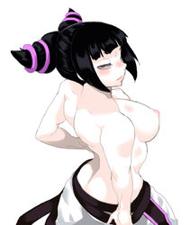 areolae bangs black_hair blush breasts capcom drill_hair female female_focus female_only half-closed_eyes high-angle_view human juri_han large_breasts looking_at_viewer nipples pale_skin pants partially_clothed perky_breasts pink_eyes puffy_nipples ryu_(artist) sidelocks simple_background solo street_fighter sweat sweatdrop topless twin_drills white_background