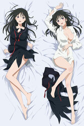 big_breasts black_bullet black_hair blush female legs long_hair lying_on_bed no_bra posing purple_eyes school_uniform smile tendou_kisara