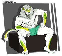 1boy anthro beard big_bulge bulge clothing facial_hair feline fur green_fur green_underwear grey_mane lion male male_only mammal mojito_(novusnova) muscular muscular_male pecs sitting snoopjay2 solo solo_male underwear white_fur