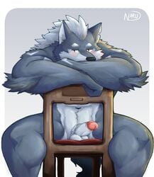 1boy 2018 anthro biceps big_muscles canine chair digital_media_(artwork) fur hi_res male male_only mammal muscular muscular_male naruever nude penis solo wolf zack_(naruever)