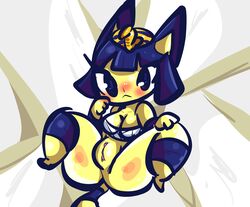 animal_crossing ankha bandage blush bottomless clothed clothing cute egyptian eyelashes feline female fur hand_on_cheek hi_res mammal nintendo paws presenting pussy shortstack shy solo spread_legs spreading striped_tail stripes tasteydonuts video_games wrappings