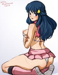 1girls areolae ass blue_eyes blue_hair boots bra breasts dated dawn_(pokemon) female female_only hair_ornament human kneeling long_hair looking_at_viewer looking_back minacream nintendo nipples panties pokemon pokemon_dppt sketch skirt socks solo text watermark white_background white_panties