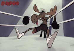 1boy 2018 anthro antlers balls_outline bandages beaten body_fur boxers_(clothing) boxing boxing_gloves boxing_ring bruised bullwinkle_j_moose bundog cervine clothed clothing dreamworks erection foreskin half-closed_eyes humanoid_penis intact jay_ward_productions large_penis male male_only mammal moose partially_retracted_foreskin penis penis_out penis_under_clothes rocky_and_bullwinkle shaggy_fur solo sport spread_legs sweat tagme tongue_out toony topless uncut underwear universal_studios veiny_penis