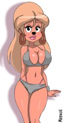 a_goofy_movie anthro artist_name big_hair big_lips black_eyes blush breasts canine cleavage clothed curvy disney earrings eyeliner female female_only front_view furry goof_troop highleg_panties hourglass_figure large_breasts lipstick lisa_(a_goofy_movie) long_hair mammal meegol navel perky_breasts pink_lipstick signature simple_background smile solo sports_bra thigh_gap very_long_hair white_background