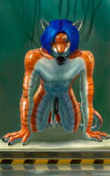 blue_hair digital_media_(artwork) fangs feline hair laboratory male mammal rubber shinard shiny solo stripes synthetic tiger tongue transformation wire