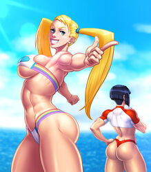 ass back_muscles bangs biceps big_ass bikini bikini_bottom black_hair blue_eyes bubble_butt capcom clothed clouds dat_ass dimples_of_venus drink drinking duo female female_only gesture hand_on_hip human jiggeh long_twintails muscles muscular_female navel outdoors pointing rainbow_mika red_bikini seaside serratus_anterior sideboob skindentation smile street_fighter street_fighter_v swimsuit toned twintails underboob water yamato_nadeshiko yamato_nadeshiko_(street_fighter)