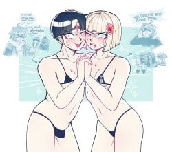 2boys 2girls bikini breasts bulge embarrassed female femboy male maruko_gaku novemblem oosuzuki_kurara oosuzuki_kurara_(unmasked) sumino_takumi sweat the_hundred_line_-last_defense_academy- v'ehxness