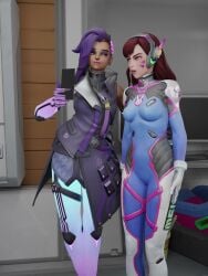 1futa 2girls 3d animated ashe_(overwatch) brown_hair cellphone clothed clothing d.va futanari hamonofthesun hypnosis imminent_sex indoors mind_control overwatch purple_hair self_hypnosis sex sombra sombra_(overwatch_2_suit) standing tagme tech_control video