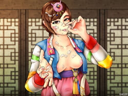 alternate_costume areolae blizzard_entertainment bukkake cum cum_on_breasts cum_on_face d.va erect_nipples female ggaegom hanamura_(map) japan looking_at_viewer lunar_new_year lunar_new_year_series nipples overwatch palanquin_d.va solo year_of_the_rooster