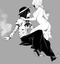 2girls ascot ass back breasts cigarette collared_shirt commentary_request completely_nude fingering from_side grey_background greyscale hand_on_another's_shoulder hat high_heels holding holding_cigarette juliet_sleeves long_skirt long_sleeves maribel_hearn medium_breasts medium_hair monochrome multiple_girls nipples nude possumomo puffy_sleeves saliva saliva_trail shirt skirt smoke soles toes touhou usami_renko yuri