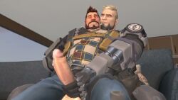 2boys 3d 3d_animated 3d_animation animated animation arm_hair arm_tattoo beard bionic_arm blush bottomwear dick_out dick_out_of_pants erect erect_cock erect_dick erect_penis erection gay gunnar_(fortnite) hairy_arms jerking jerking_off_another jerkingoff_another kyle_(fortnite) lumberjack male male/male male_only moustache neck_tattoo pants precum precum_string seated sky_chaser sofa tagme tattoos video yaoi