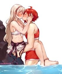 2girls abs against_rock alternate_costume anklet arms bare_arms bare_legs bare_midriff bare_shoulders barefoot battle_scars bikini bikini_skirt blonde_hair blush breakfastb breakfastbooty breasts carrying chadolbaegi cleavage closed_eyes corrin_(female)_(summer)_(fire_emblem) corrin_(fire_emblem) corrin_(fire_emblem)_(female) cute female female_only fire_emblem fire_emblem_fates fire_emblem_heroes flat_chest flat_chested front-tie_bikini_top front-tie_top grabbing_legs hairband hands_on_another's_face headband hinoka_(fire_emblem) holding holding_head holding_legs in_water jewelry kissing legs lifting_person long_hair medium_breasts midriff multiple_girls muscular muscular_female navel nintendo official_alternate_costume partially_submerged picking_up pointy_ears red_bikini red_hair red_swimsuit rock scar scars short_hair sideboob simple_background sitting small_breasts sports_bikini standing standing_in_water strong swim_trunks swimsuit thighs tomboy toned very_long_hair wading water white_background white_bikini white_hair white_swimsuit yuri