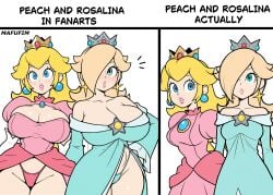 2girls ai_generated alternate_breast_size alternate_breast_size_(larger) art_trend big_breasts blonde_female blonde_hair canon_vs_fanon draw_fanart_of_a_character huge_breasts jpg mafufim mario_(series) mario_bros pink_dress princess_peach princess_rosalina revealing_clothes simple_eyes sisters skimpy_clothes super_mario_galaxy twitter_link watermark