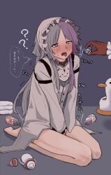 2boys ?? asato_(user_ymtr4745) bare_legs barefoot between_legs bib blush bottle bungo_stray_dogs gloves grey_hair hands_between_legs heart heart-shaped_pupils long_hair male male_focus male_only multicolored_hair nikolai_gogol open_mouth pacifier purple_eyes purple_hair saliva sigma_(bungo_stray_dogs) sitting solo_focus split-color_hair suggestive symbol-shaped_pupils tagme tongue tongue_out two-tone_hair yaoi