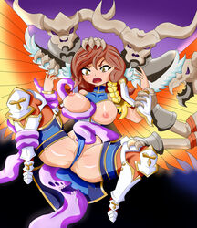 2d angel angel_wings big_breasts breasts brown_hair exposed_breasts female female_focus female_only furia_(paladins) goatink paladins skull tentacle thighhighs thighs tight_clothing trapped wings