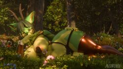 16:9 3d_(artwork) 4k absurd_res altfurr anthro antlers areola ass big_breasts big_butt biped blush breasts chest_tuft clothed clothing deer digital_media_(artwork) female female_anthro forest forest_background fur genitals green_body hair hi_res horn huge_breasts humanoid looking_at_viewer mammal narrowed_eyes natsu_(natsu_o3o) natsu_(natsu_o3o)_(valorlynz)_(dogzeela) nature nature_background outside plant smile smiling_at_viewer smirk smirking_at_viewer solo thick_thighs tree tuft vulva wide_hips widescreen yellow_eyes