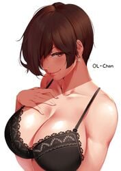 1girls bare_shoulders big_breasts blush bra breasts brown_eyes brown_hair cleavage eyelashes female female_only hair_over_one_eye hand_on_chest large_breasts looking_at_viewer lulu-chan92 short_hair solo text watermark