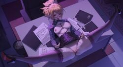 absurdres alexandra_of_resonance beeeeen black_shoes black_skirt black_thighhighs blonde_hair breasts censored commentary_request desk female from_above full_body glasses high_heels highres indoors last_origin long_hair looking_at_viewer medium_breasts mosaic_censoring nipples official_alternate_costume on_desk open_mouth pencil_skirt ponytail pussy red_eyes shoes skirt solo split thighhighs