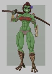 1girls 4_fingers 4_toes abs anya_kvaifu arm_armor armored_boots armored_gloves bandage bandaged_chest big_eyes black_sclera breasts clothed clothed_female dark_red_hair elden_ring fantasy_armor female female_only flower_in_hair frog_feet frog_girl frog_humanoid fromsoftware front_view green_body green_skin holding_katana holding_object holding_sword holding_weapon katana leg_armor looking_at_viewer medium_breasts muscles muscular muscular_abs muscular_anthro muscular_female muscular_legs muscular_thighs no_nose original_character sfw sfw_version short_hair simple_background smirk smirking smirking_at_viewer solo solo_female standing sword sword_on_shoulder tarnished tarnished_female teeth underwear vr457 weapon white_eyes white_pupils