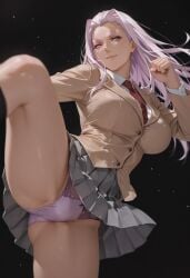 ai_generated ass black_background black_socks brown_footwear brown_jacket closed_mouth collared_shirt curtained_hair curvy_body curvy_female female female_focus grey_skirt hand_up himiko_(ikkitousen) huge_breasts ikkitousen jacket knee_up lavander_eyes lavander_hair lavander_panties leg_up lingerie lingerie_panties loafers long_hair long_sleeves necktie panties pleated_skirt purple_eyes purple_hair purple_panties red_necktie school_uniform schoolgirl schoolgirl_uniform sexy sexy_body sexy_female sexy_pose shirt sidelocks simple_background skirt slicked_back_hair smile soft_shadows solo thick_eyebrows thick_thighs too_sexy volumetric_lighting white_shirt wide_hips